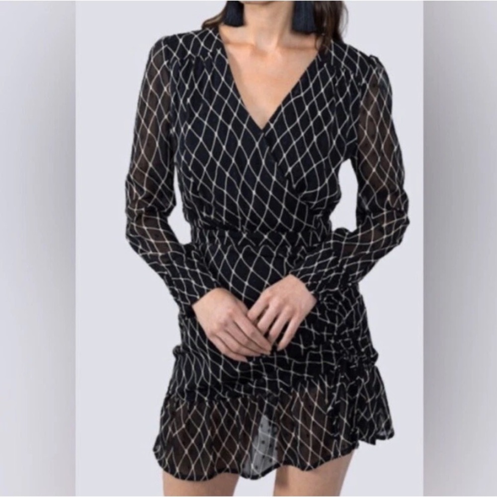 Black Geo-Print Asymmetrical Wrap Dress